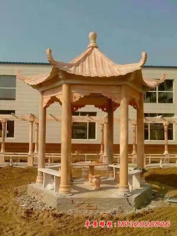 晚霞红走廊凉亭石雕