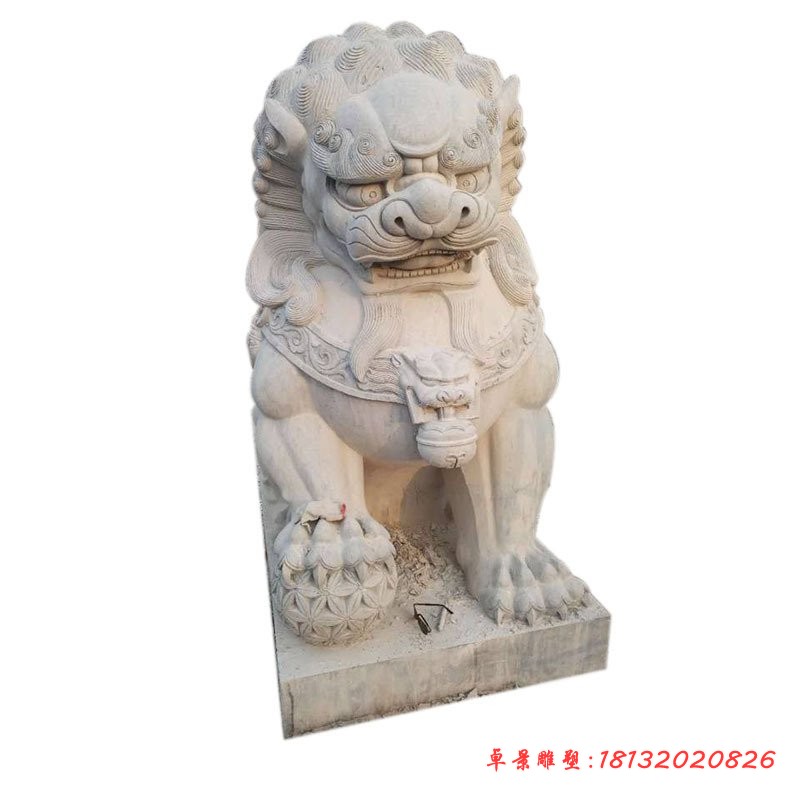 踩绣球狮子晚霞红动物石雕