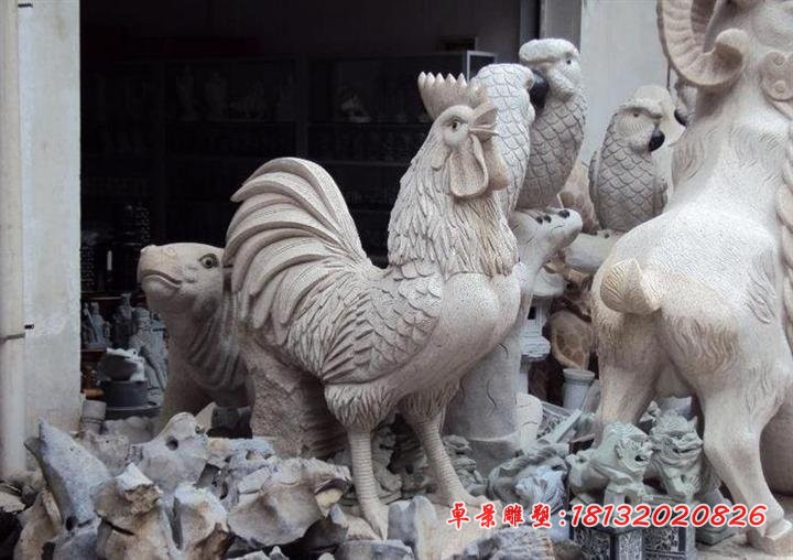 打鸣的大公鸡石雕 大理石动物雕塑