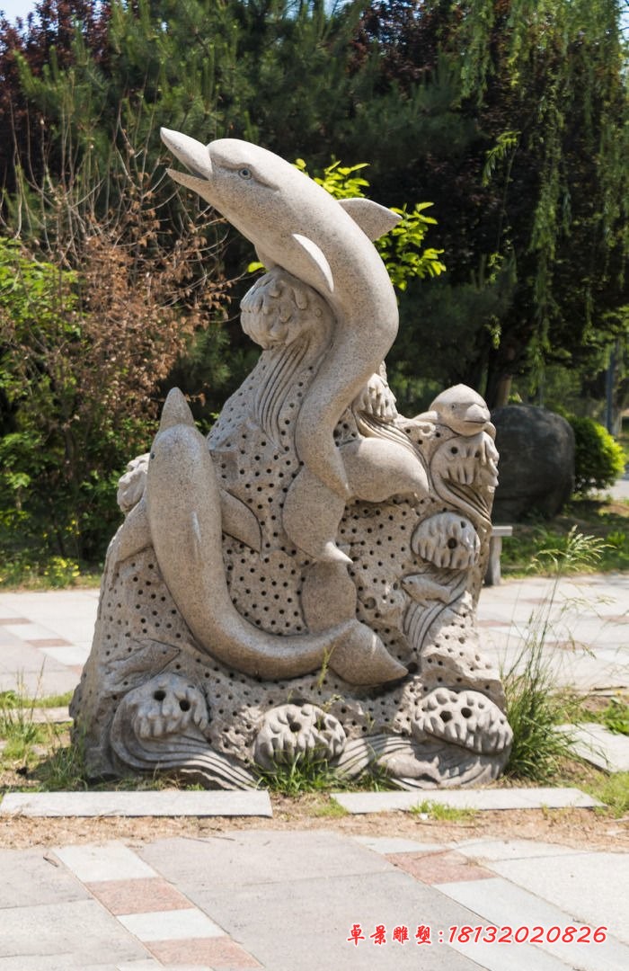 大理石海豚浪花雕塑 公园景观石雕