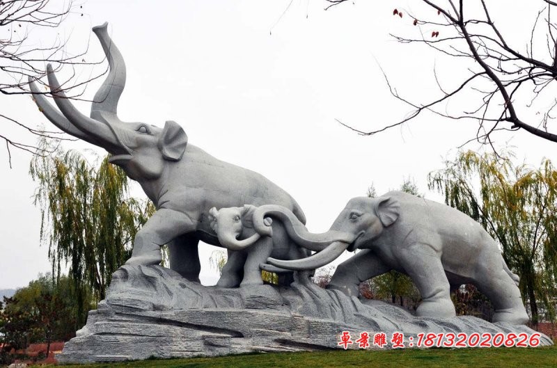 大象一家三口石雕 大理石动物石雕