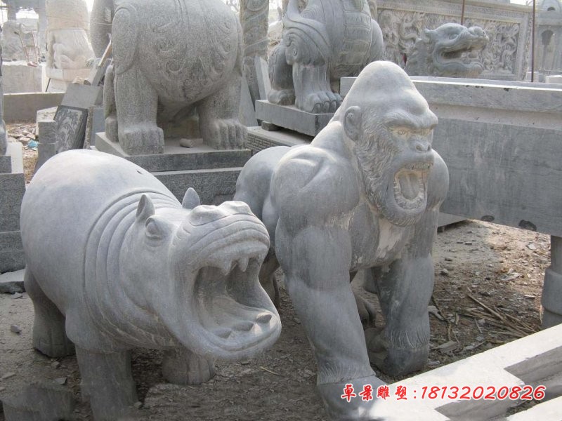 大猩猩和河马石雕 大理石动物石雕