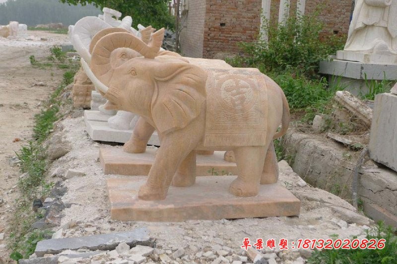 吉祥如意大象石雕 晚霞红大象雕塑