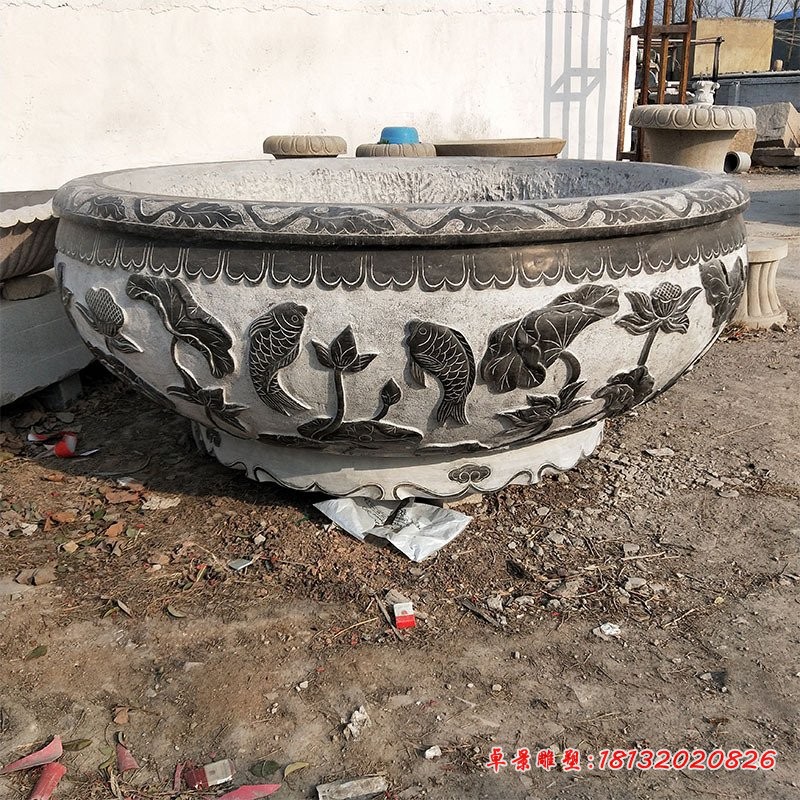 鲤鱼荷花石浮雕水缸庭院景观石雕 