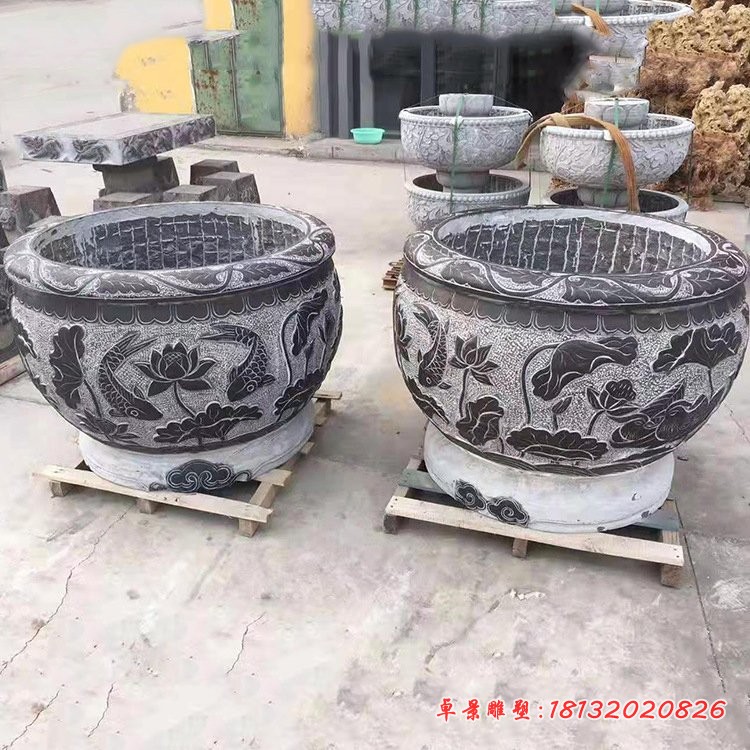 鲤鱼荷花石浮雕水缸庭院景观石雕 