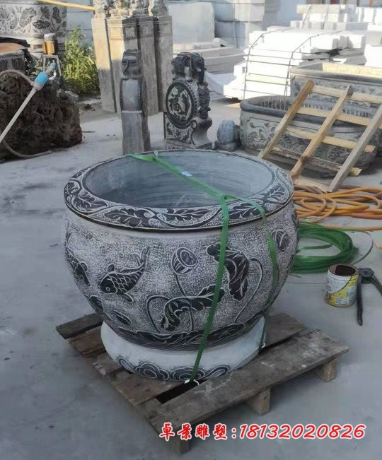 鲤鱼荷花石浮雕水缸庭院景观石雕 