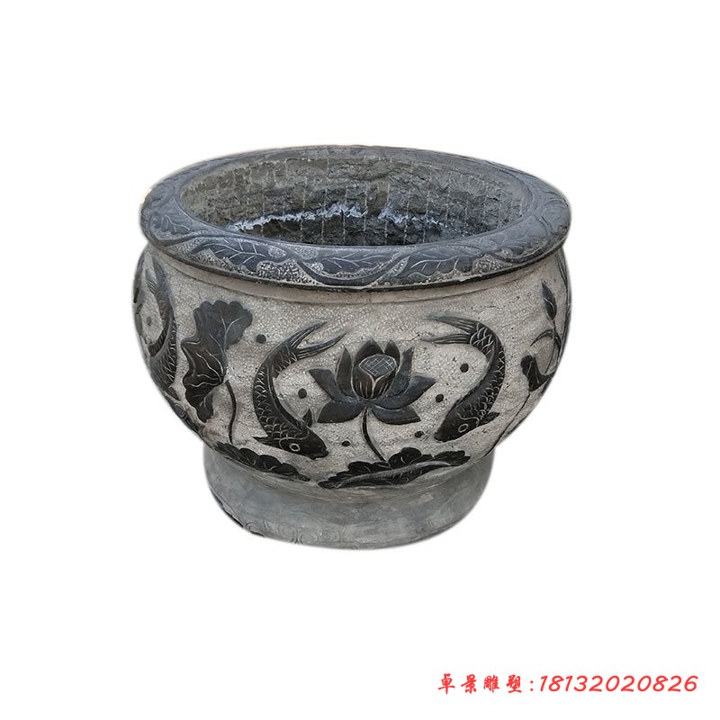 鲤鱼荷花石浮雕水缸庭院景观石雕