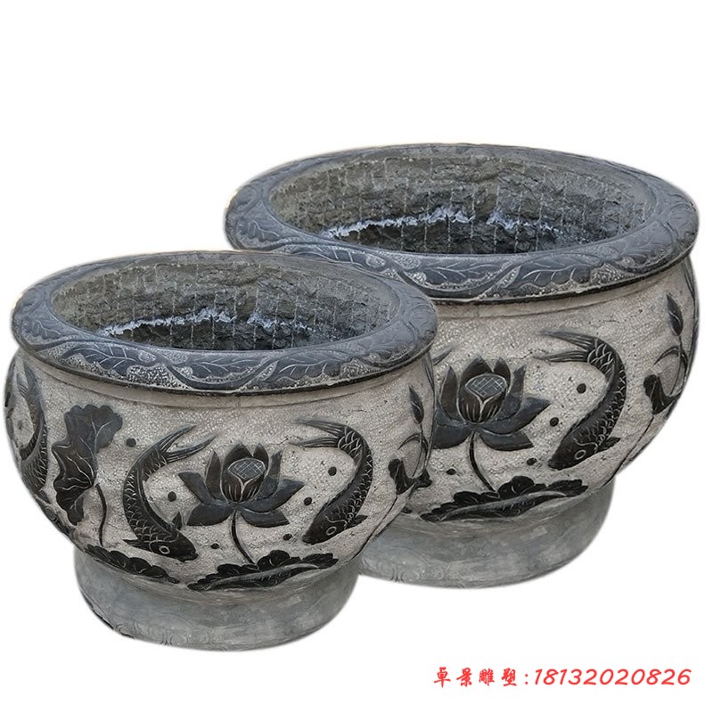 鲤鱼荷花石浮雕水缸庭院景观石雕 