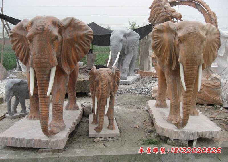 门口大象石雕 晚霞红动物石雕
