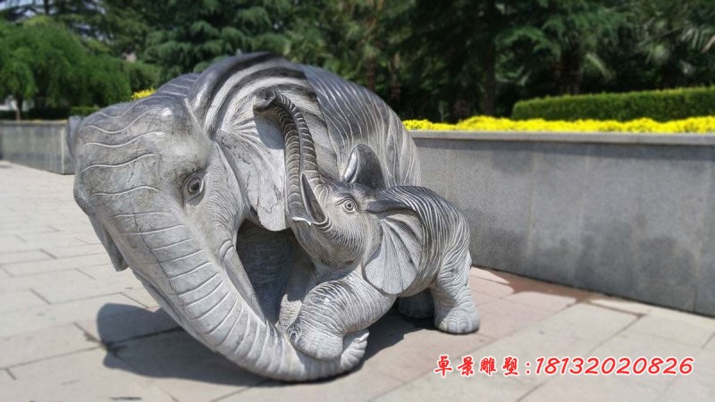 母子大象石雕 大理石动物石雕