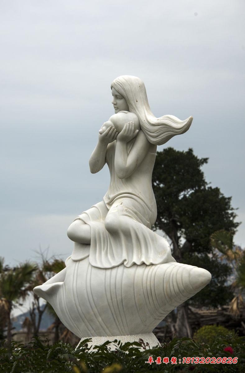 拿海螺的女孩石雕 汉白玉人物石雕