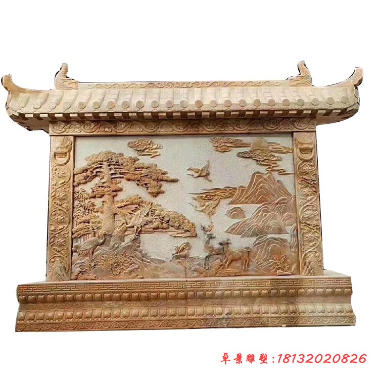 松鹤延年石浮雕影壁晚霞红石影壁