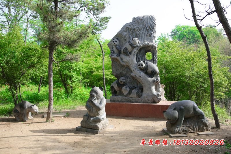 熊猫和竹子石雕 公园景观石雕
