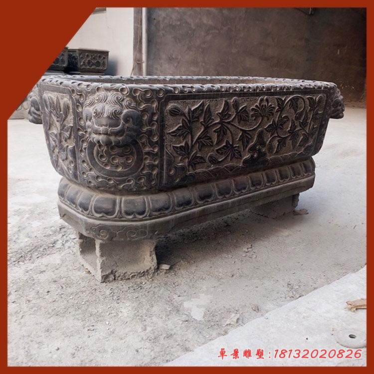 叶子花苞浮雕石水缸 公园方形水缸石雕