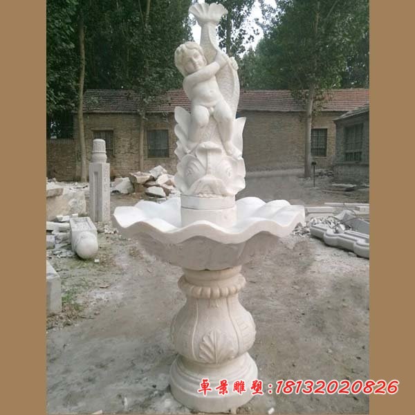 抱鲤鱼男孩喷泉石雕 汉白玉欧式喷泉