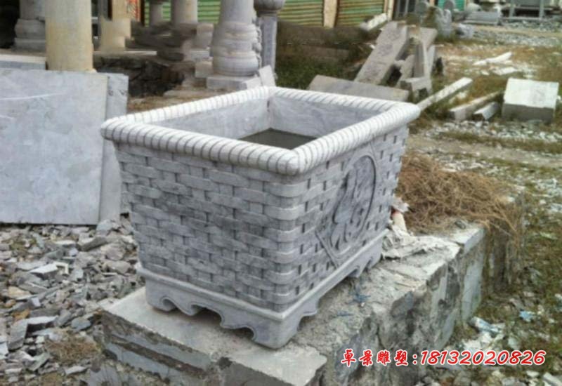 编织浮雕水缸石雕 大理石福字浮雕水缸