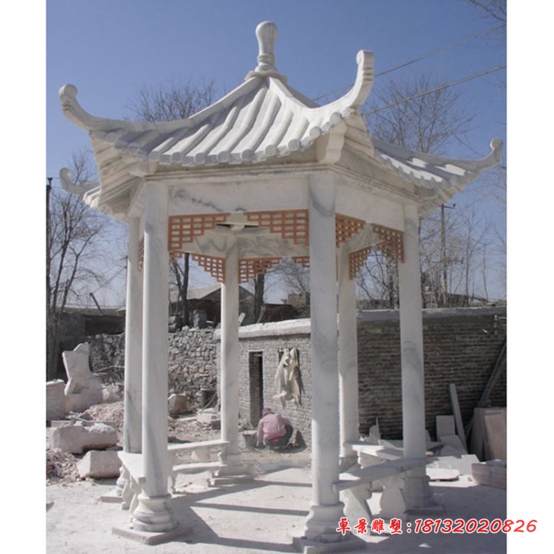 草白玉六角凉亭石雕 园林景观石雕