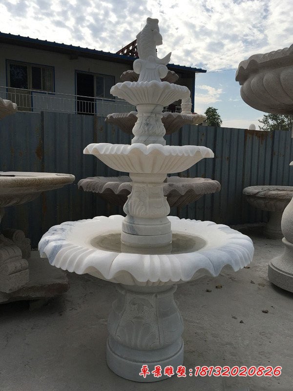 草白玉喷水鲤鱼喷泉 三层喷泉石雕