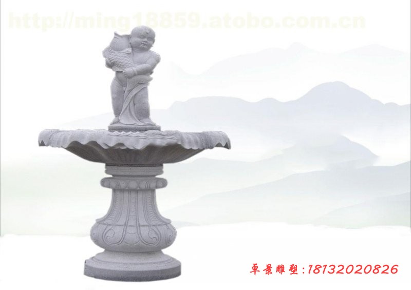 大理石抱鲤鱼的儿童喷泉 公园石雕喷泉