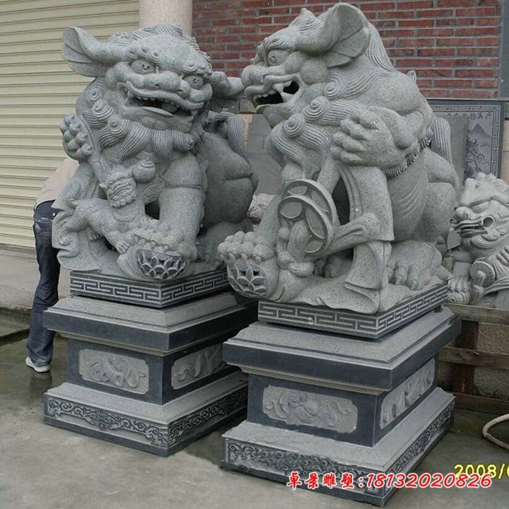 大理石踩球南狮石雕 看门石狮子