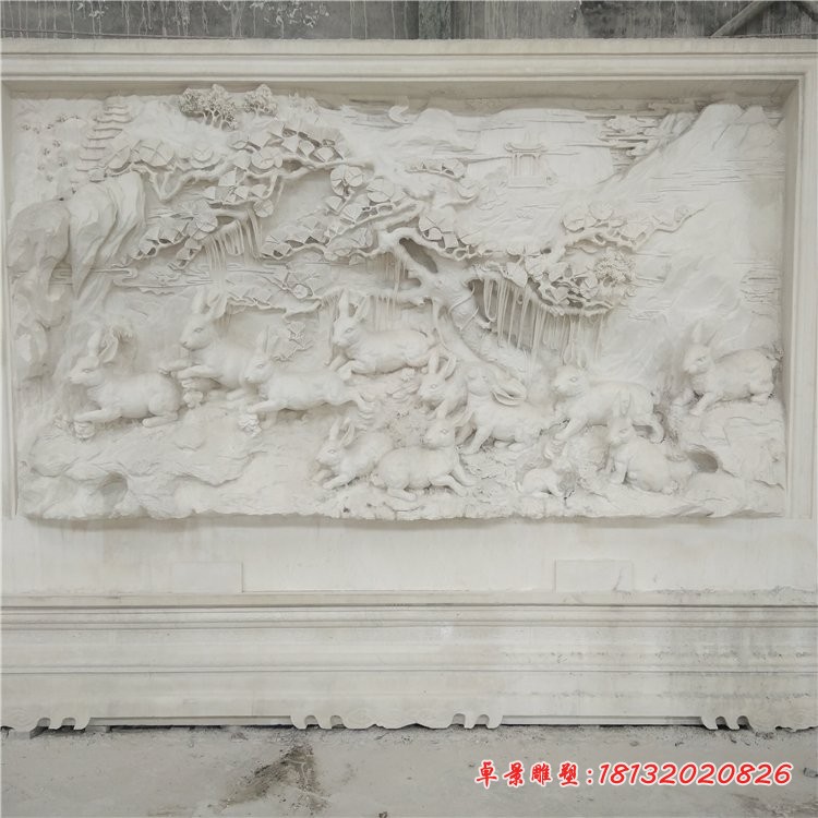大理石松树兔子浮雕 公园影壁石浮雕