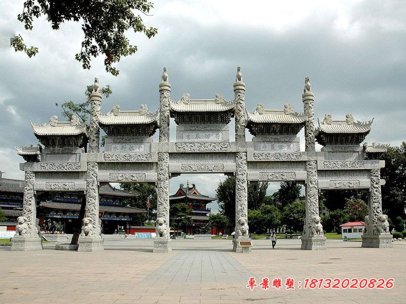 大理石五门牌坊 寺庙牌楼石雕 