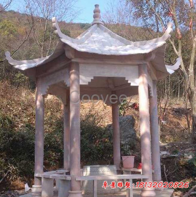 公园六角凉亭石雕 晚霞红石雕凉亭