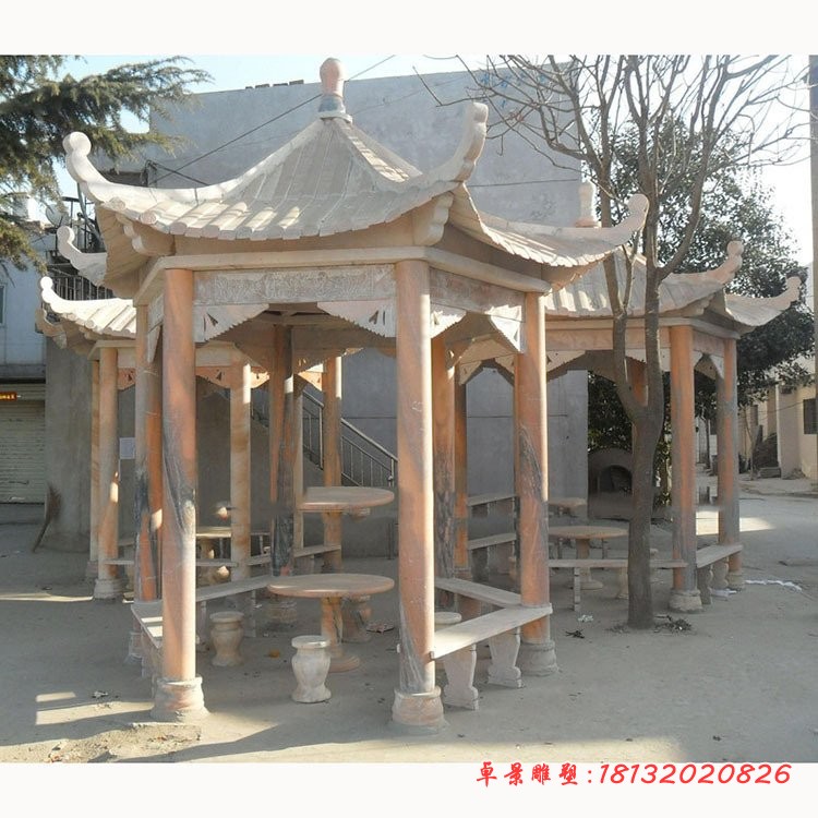 公园六角凉亭石雕 晚霞红凉亭石雕