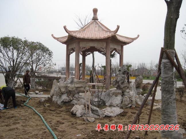 公园凉亭石雕 晚霞红六角凉亭