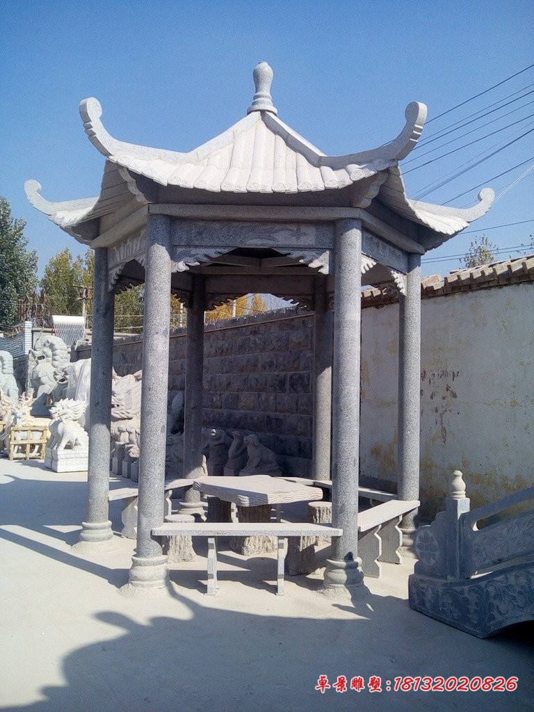 公园六角凉亭石雕 大理石凉亭雕塑 (2)