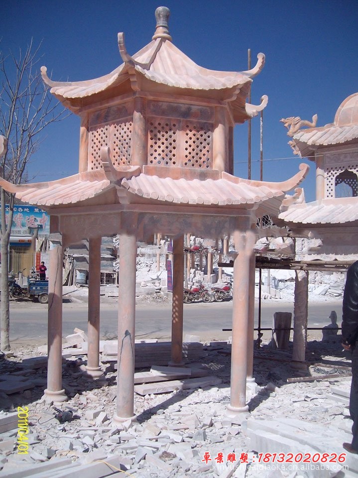 公园六角凉亭石雕 晚霞红双层凉亭雕塑