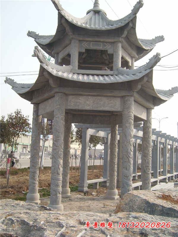 公园双层六角凉亭石雕 大理石凉亭雕塑