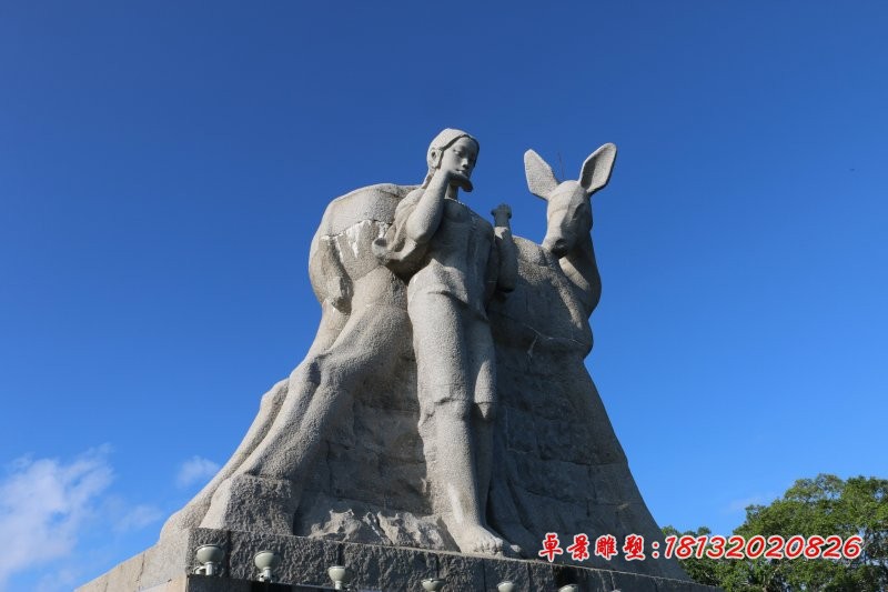 抽象小鹿和女孩石雕，广场景观石雕 