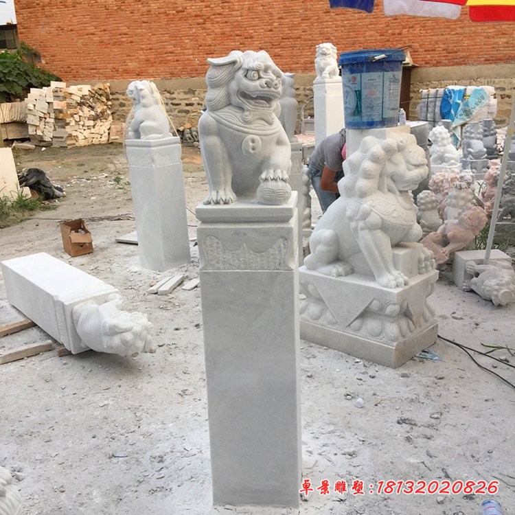 大理石拴马柱，狮子拴马柱石雕