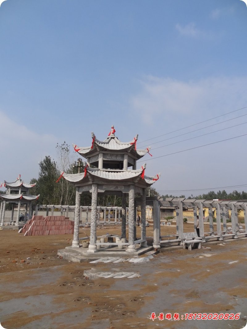 大理石双层六角凉亭石雕，园林景观石雕