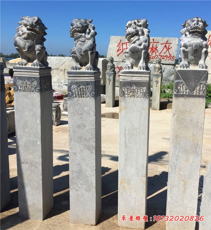 仿古狮子拴马柱，拴马柱石雕