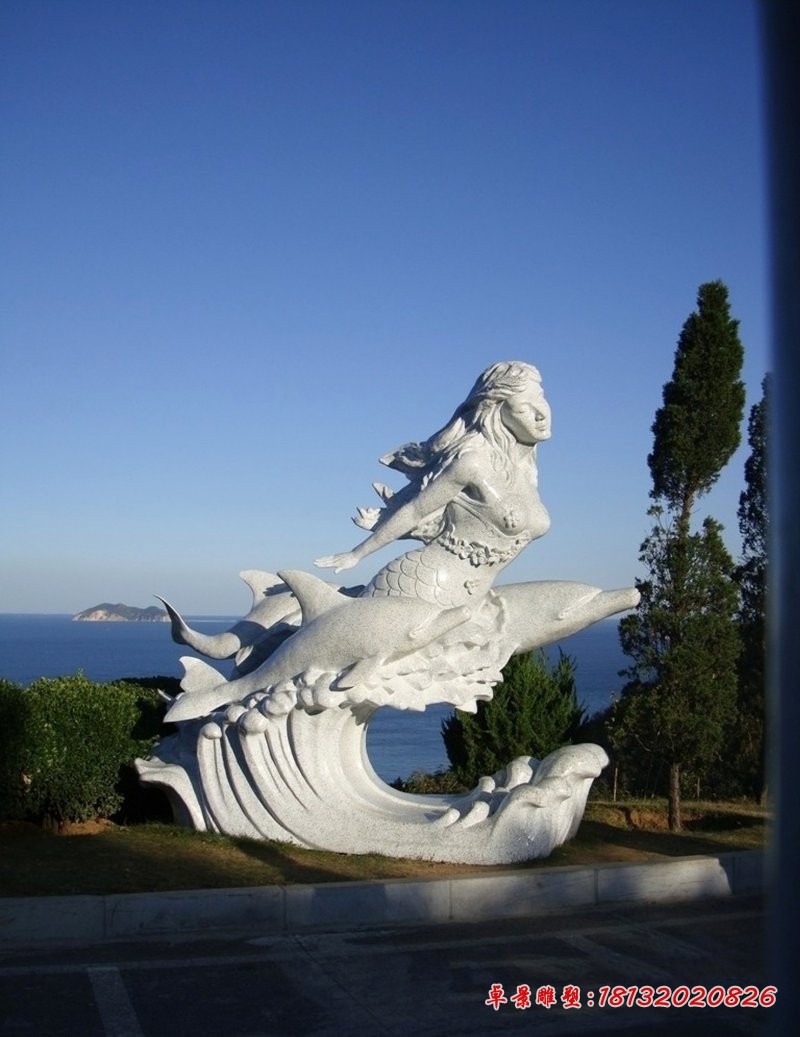 汉白玉美人鱼和海豚，广场景观石雕