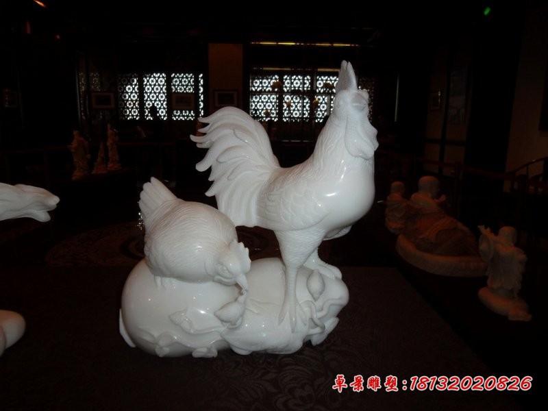 汉白玉母鸡小鸡公鸡雕塑，公园动物石雕