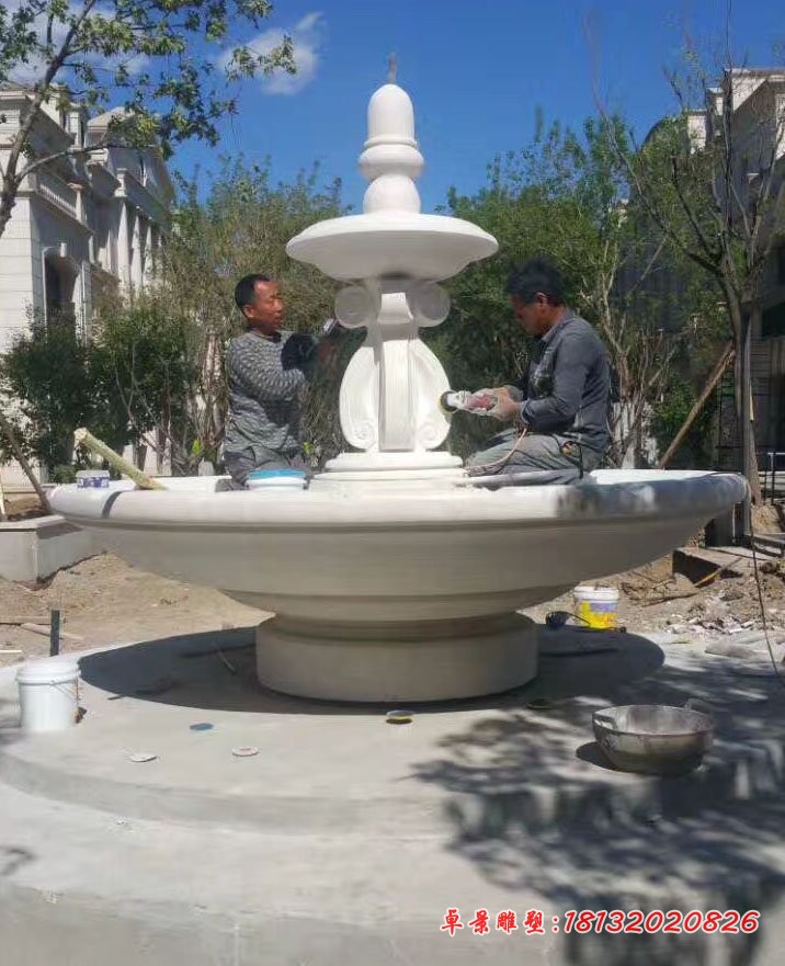 汉白玉双层欧式喷泉石雕  别墅石雕喷泉
