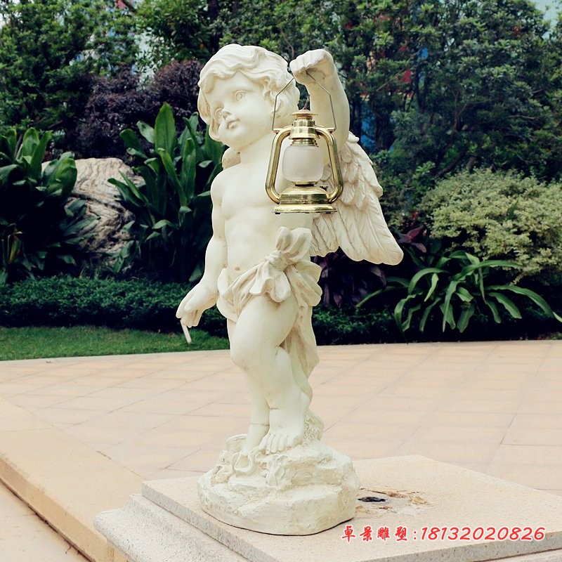 汉白玉提灯的小天使，西方人物石雕