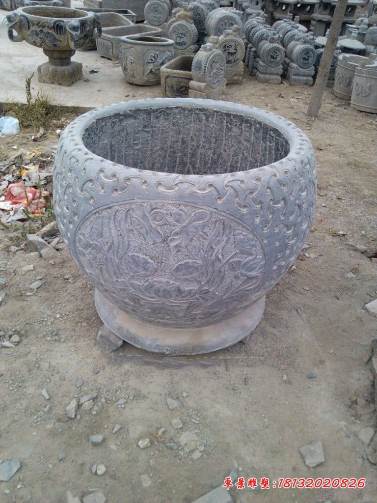 荷花金鱼石浮雕水缸 公园青石水缸雕塑