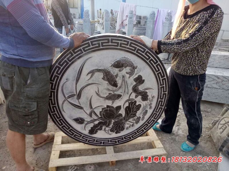 石浮雕荷花鲤鱼石浮雕 青石景观石雕