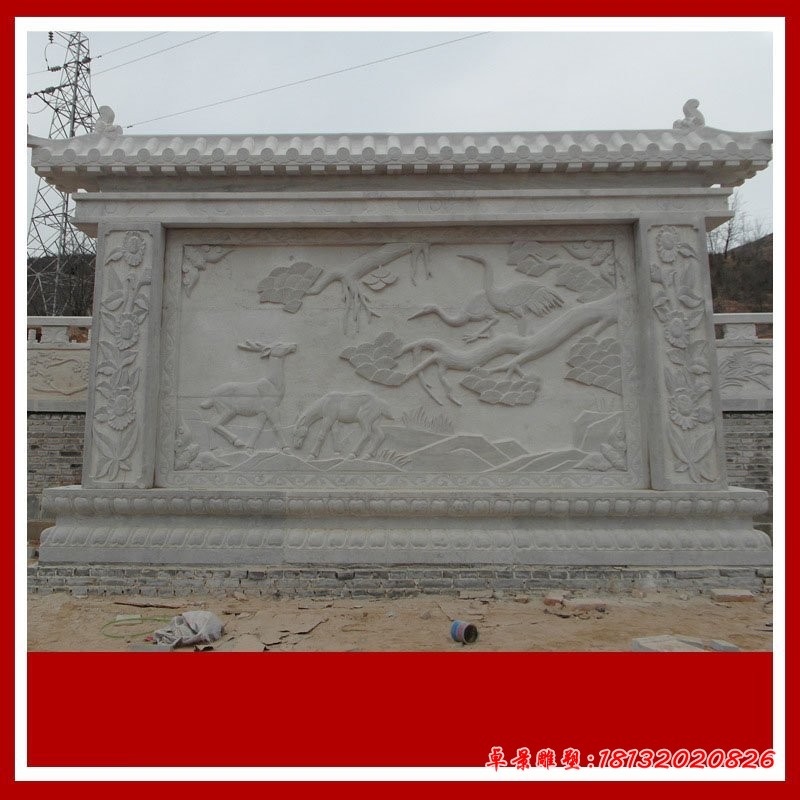 鹤鹿同春石浮雕 大理石影壁雕塑
