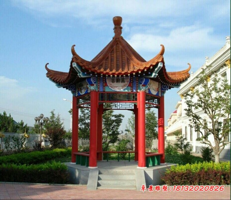 六角彩绘凉亭石雕，公园凉亭石雕
