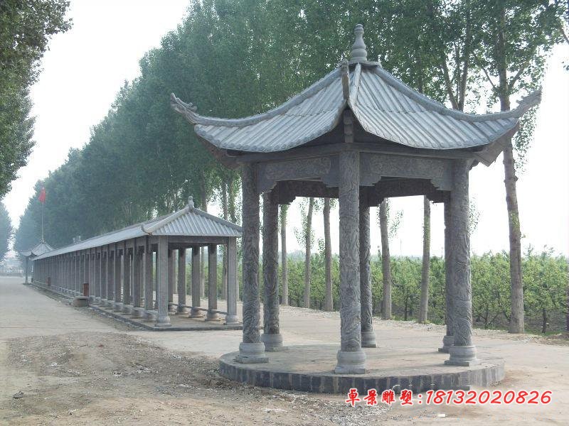 六角凉亭和长廊石雕，公园景观石雕