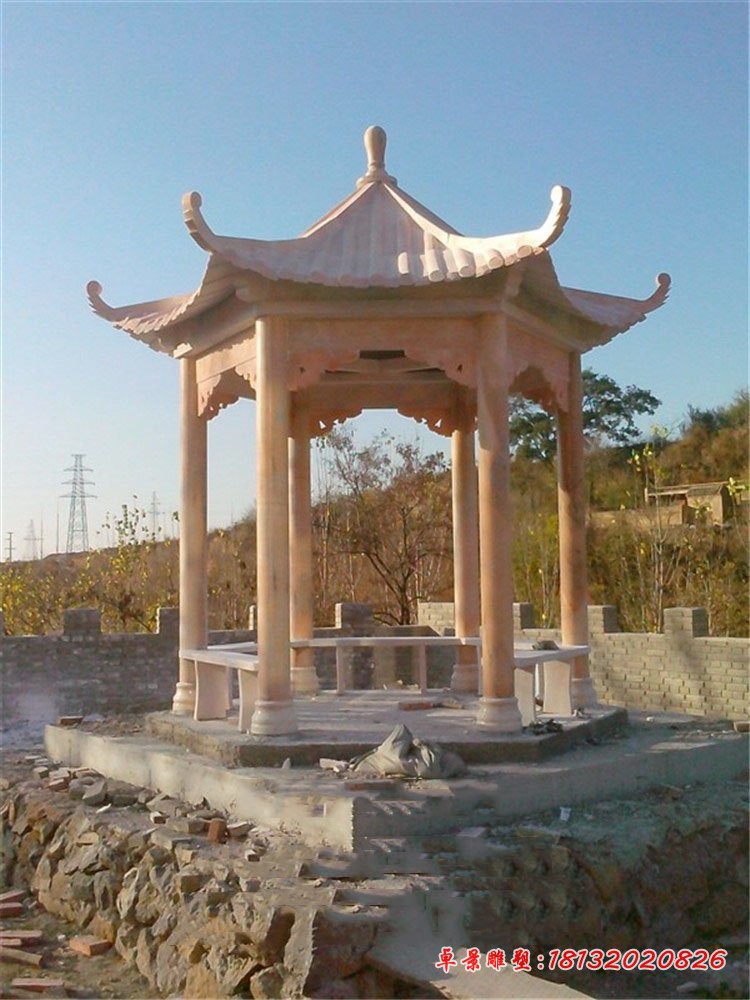 六角凉亭石雕 晚霞红公园凉亭