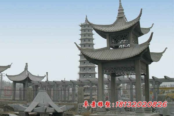 六角双层凉亭石雕 公园大理石亭子 (3)