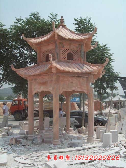 六角双层凉亭石雕，公园晚霞红凉亭 (2)