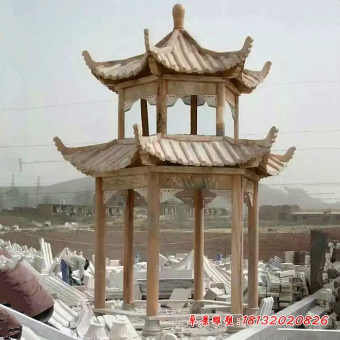 六角双层凉亭石雕公园凉亭雕塑