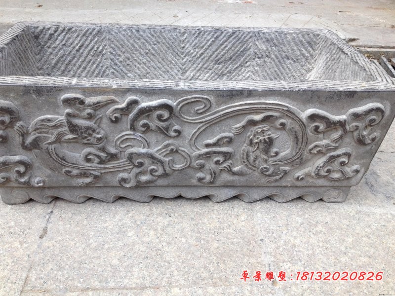 龙浮雕仿古水缸，公园水缸石雕